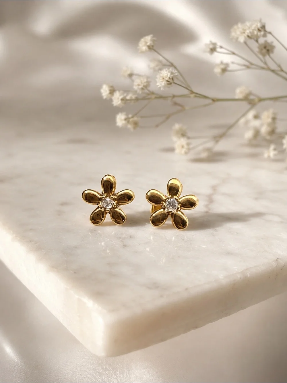 18k Gold Plated Flower Stud Earrings with Crystal Center Stainless Steel